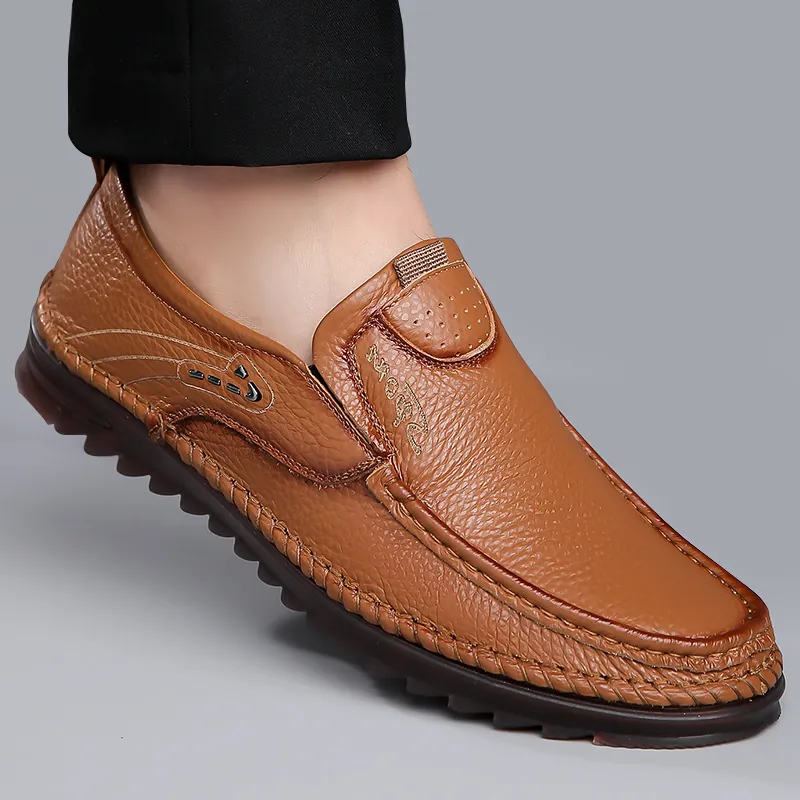 Men Genuine Leather Loafers Slip On Casual Driving Shoes Soft First Layer Cowhide Litchi Texture Non Slip Rubber Sole Large Size