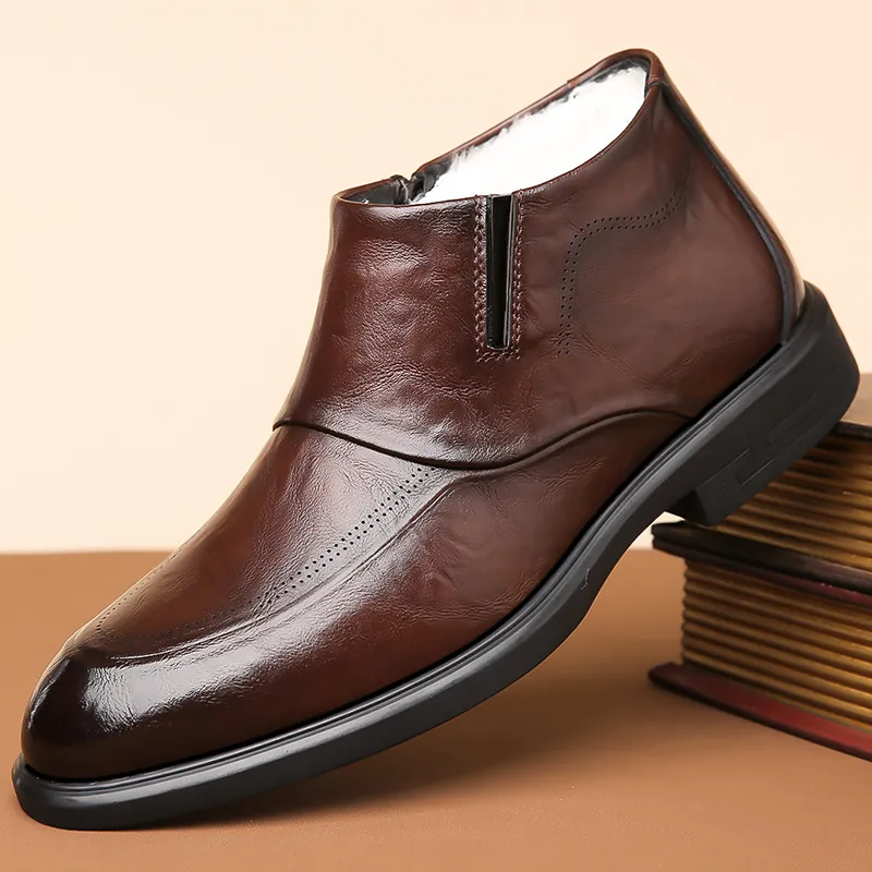 Herren Britischer Stil Leder Chelsea-Stiefel Business Formell Winter Warm Fleece Gefüttert High Top Stiefeletten Seitenreißverschluss Antirutschsohle