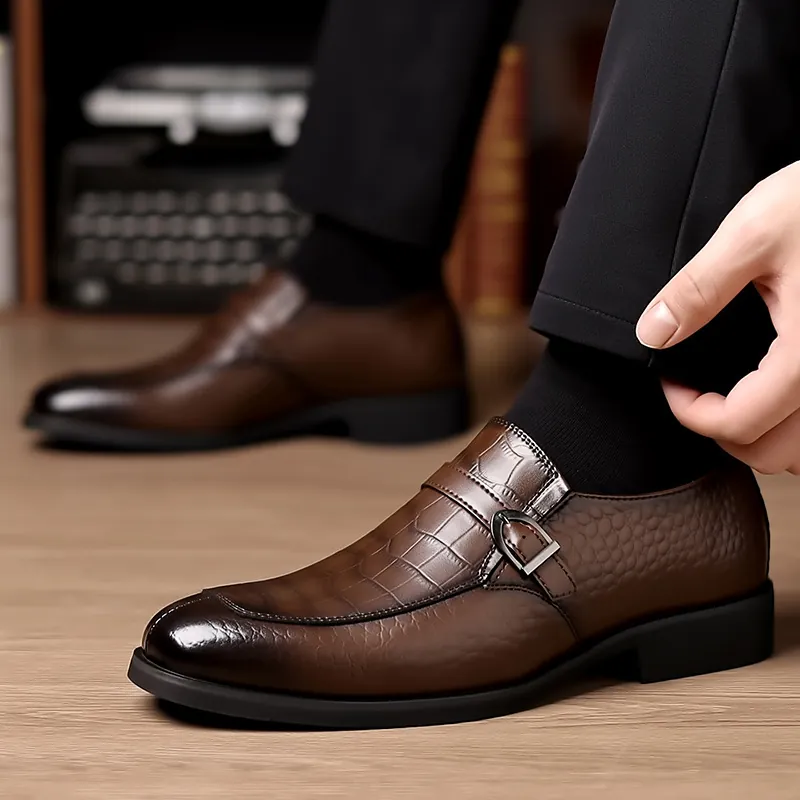 Men Business Formal Monk Strap Leather Shoes Crocodile Embossed Pattern Slip On Casual Dress Shoes For Groom Wedding Party
