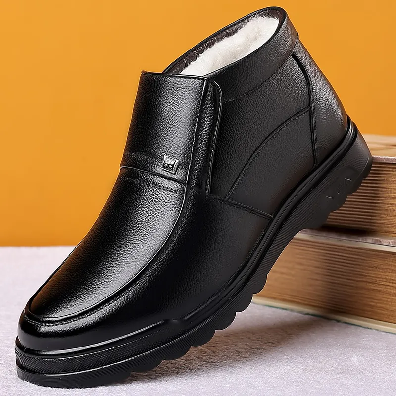 Men Genuine Leather Winter Boots High Top Thickened Warm Fur Lined Business Casual Non Slip Flat Walking Shoes Cotton Boots