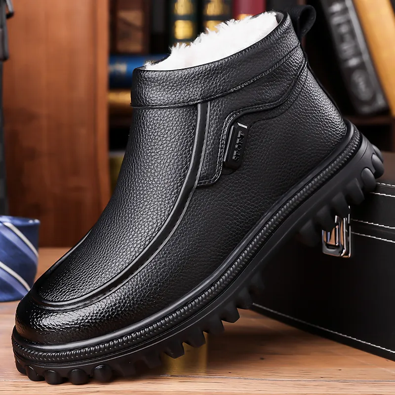 Men Winter Boots Faux Fur Lined Warm High Top Shoes Microfiber Leather Lychee Texture Non Slip Thick Sole Casual Work Boots