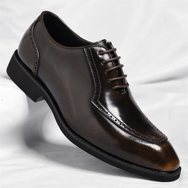 Men's British Style Business Dress Shoes Regenerated Leather Patent Brogue Perforated Lace Up Square Toe Office Wedding Shoes