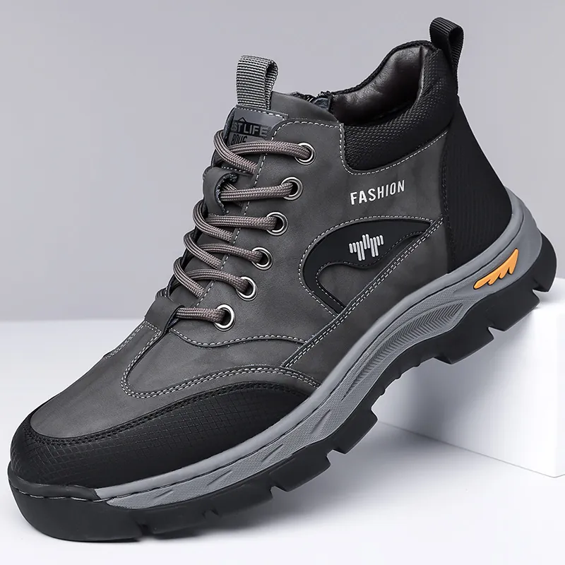 Herren Outdoor Winter Schneestiefel Mit Lammfell-Imitat Futter Mikrofaser-Leder Wanderschuhe Rutschfeste Gummisohle Schnürung Arbeitsschuhe