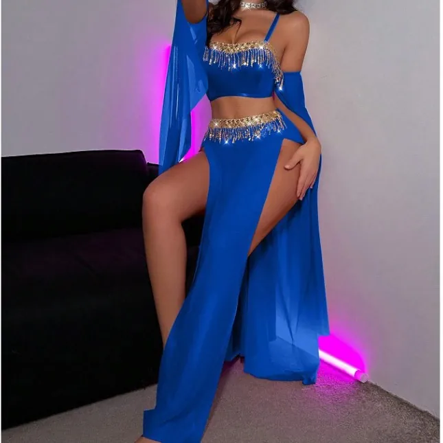 Lingerie Sexy pour Femmes en Maille Perspective avec Fente Haute et Franges à Paillettes Soutien-Gorge Jupe Culotte Manches