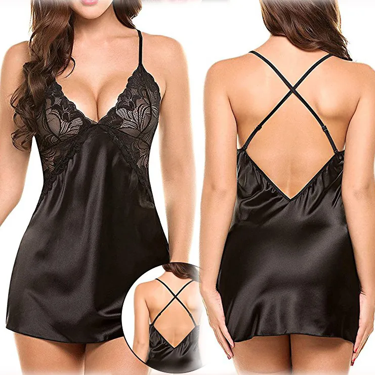 Women Sexy Lace Patchwork Satin Nightgown Crisscross Back Deep V Neck Spaghetti Strap Sleepwear Lingerie Sleep Dress