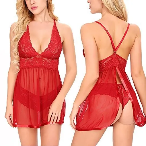 Femme Sexy Dentelle Maille Babydoll Lingerie Dos Nu Col en V Transparent Chemise de Nuit Et String Vêtements de Nuit Séduisants