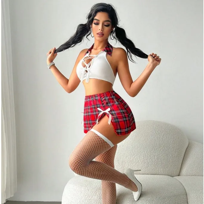 Sexy Schoolgirl Cosplay Costume For Women Red Plaid Mini Skirt Halter White Top And Bottom Lingerie Nightwear