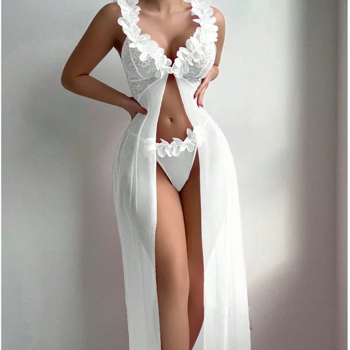 Sexy Camicia da Notte Lunga in Pizzo e Rete Con Applicazione Floreale 3D Senza Schiena Scollo a V Profondo Trasparente Con Slip Donna