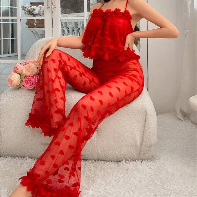 Women Sexy Red Heart Pattern Mesh Sheer Top And Bottom Set With Petal Lace Trim Valentine's Day Lingerie Sleepwear