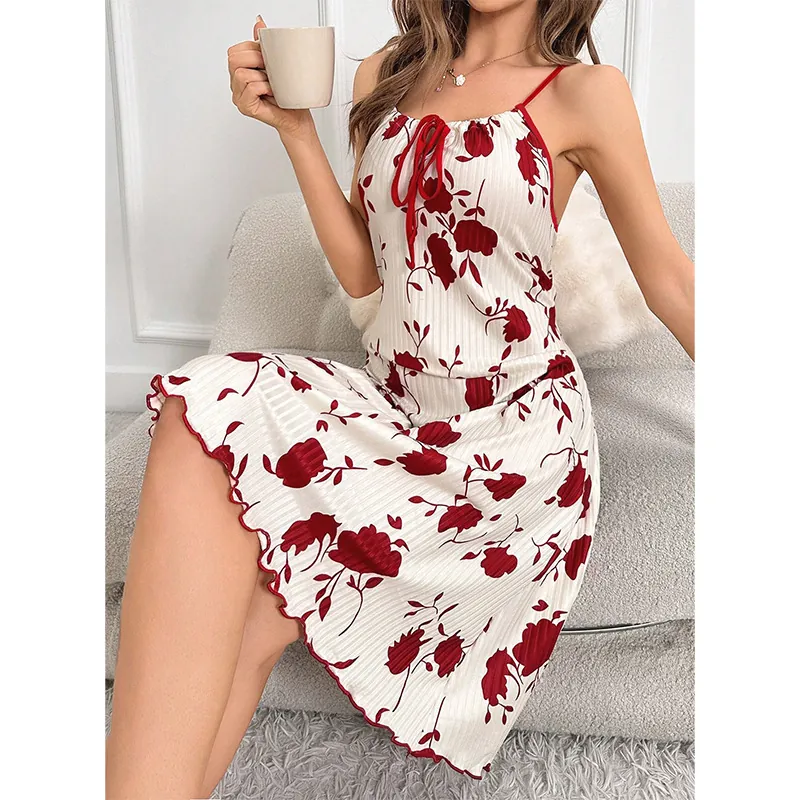Women Floral Print Camisole Nightdress V-Neck Bow Tie Sleepwear Ruffle Hem Ribbed Polyester Chemise Sexy Home Wear Dress