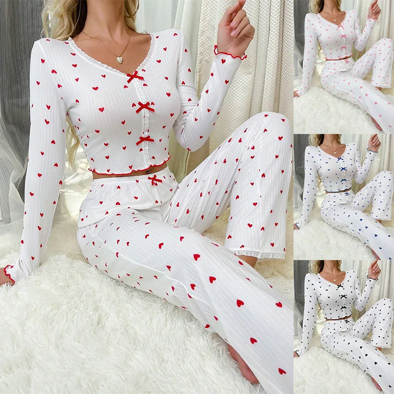 Women Heart Print Ribbed Knit Pajama Set V-Neck Long Sleeve Top And Bottom Sweet Loungewear Nightwear Homewear Set