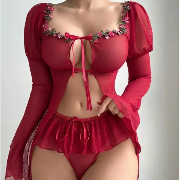 Ensemble Lingerie Sexy Femme Mesh Rouge Transparent Top And Bottom Manches Longues Avec Broderie Florale et Nœuds