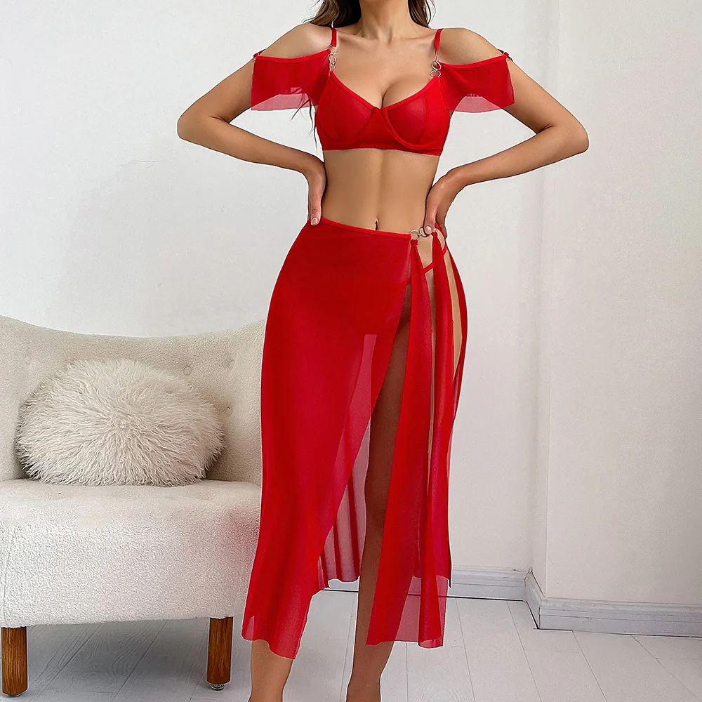 Women Sexy Red Lingerie Sheer Mesh Cold Shoulder Bra And Panty And High Slit Long Skirt With Metal Rings Clubwear Outfit