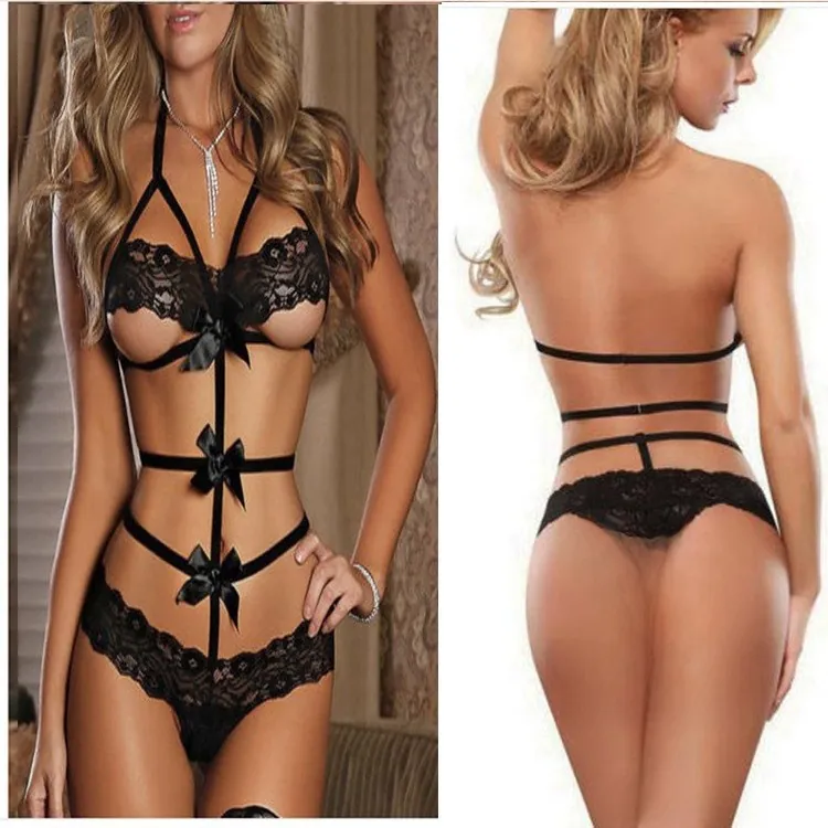 Women Sexy Lingerie Black Lace Bodysuit Open Cup Bow Strappy Teddy Erotic Sleepwear For Adult Ladies Underwear
