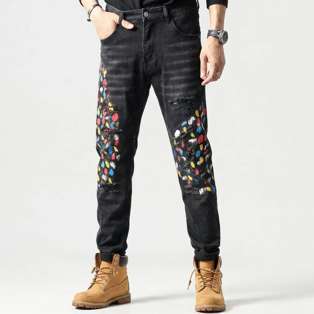 Heren Streetwear Distressed Slim Fit Zwarte Jeans Verfspatten Katoenen Denim Broek Mode Gescheurd Gewassen Rechte Pijpen