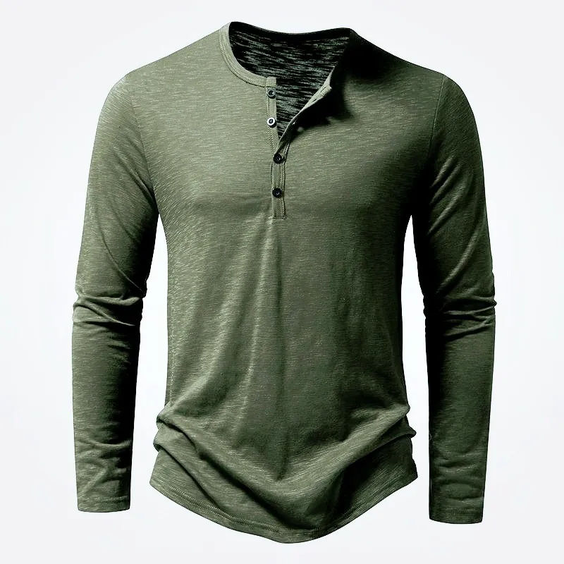 Men Long Sleeve Henley Shirt Casual Slub Texture Button Round Neck Solid Color Fashion Pullover Top For Spring Autumn