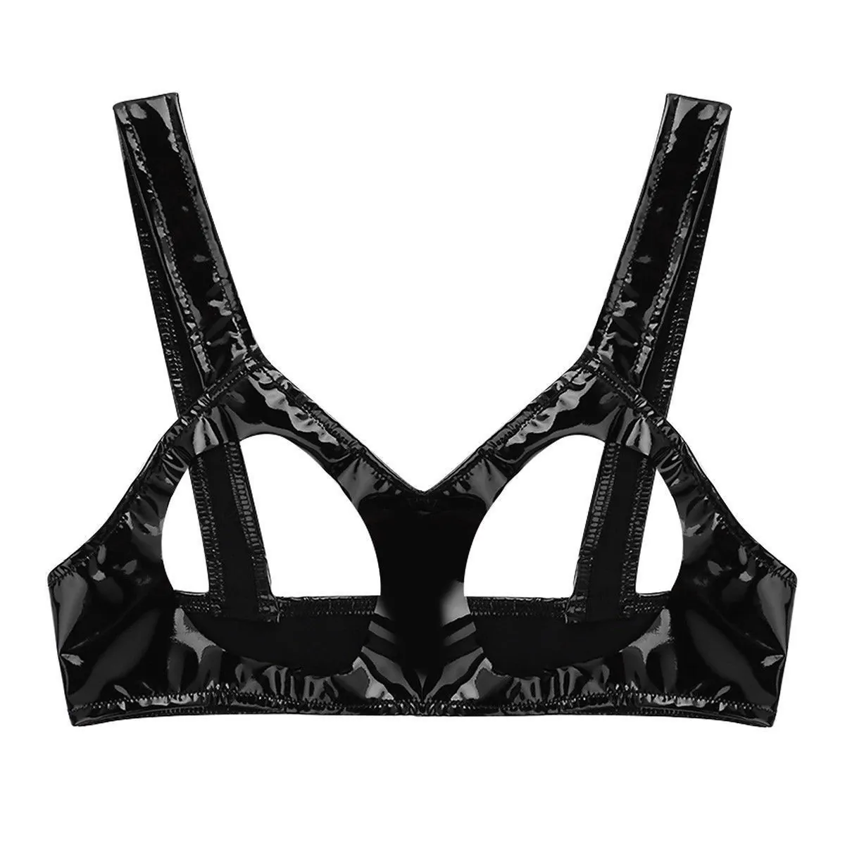 Women Sexy Faux Patent Leather Cut Out Crop Top Sleeveless Glossy Spandex Racerback Bra Punk Style Clubwear Lingerie Top