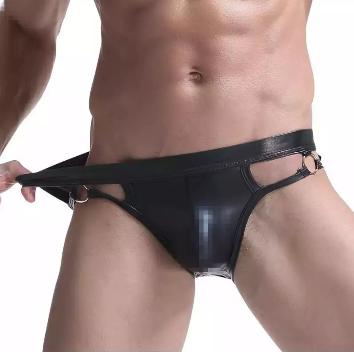 Men Sexy PU Leather Jockstrap Low Waist Cut Out Underwear With Metal Rings Faux Leather Solid Black Clubwear Lingerie For Men