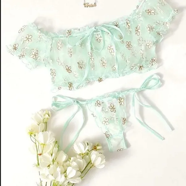 Women Sexy Mint Green Floral Embroidery Lingerie Set Ruffle Off Shoulder Mesh Top And Tie Side Thong Two Piece Sleepwear