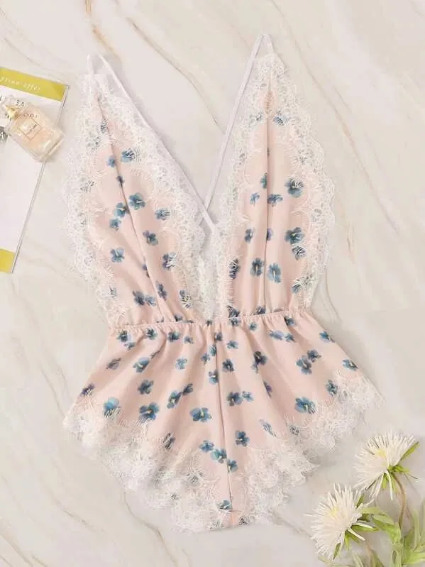 Body Intimo Sexy da Donna a Fiori Scollo a V Bordo in Pizzo Pigiameria Romantico Rosa Fiore Spalline Incrociate Sweet Loungewear