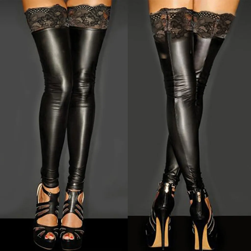 Bas Sexy pour Femmes en Cuir PU au-dessus du Genou Bordure en Dentelle Noire Brillants Bas Hauts Clubwear Wet Look Lingerie