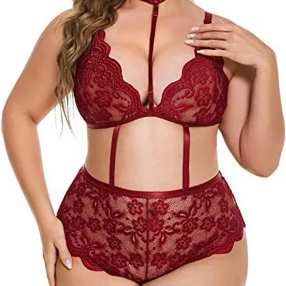Plus Size Women Sexy Lace Floral Spandex Hollow Out Teddy Bodysuit Lingerie For Honeymoon Wedding Nightwear Black Wine Red