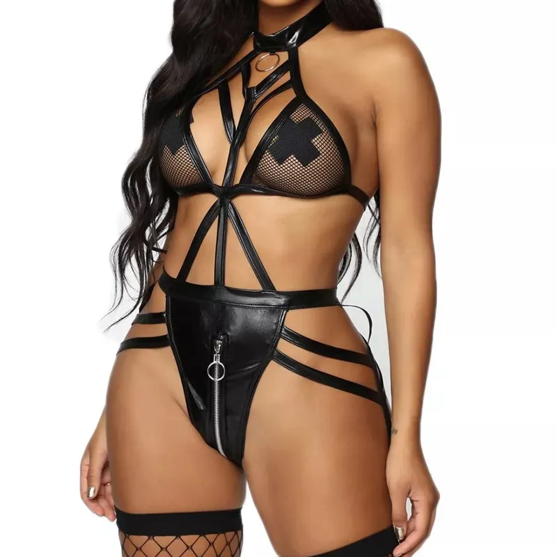 Body Lingerie Sexy en Similicuir pour Femmes Noir Ajouré Dos Nu Anneau en Métal Fermeture Éclair Gothique Punk Clubwear