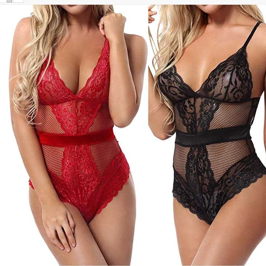 Women Sexy Lace Mesh Bodysuit Deep V-Neck Spaghetti Straps Hollow Out Lingerie With Back Bow Teddy Underwear Nightwear
