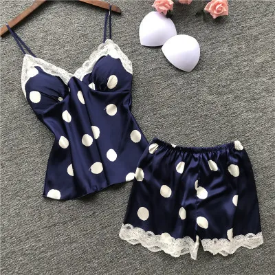 Women Polka Dot Satin Pajama Set Spandex Lace Trim Sleeveless Camisole Top And Bottom Sleepwear Home Wear For Women
