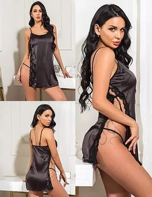 Women Sexy Satin Nightgown Lace Trim High Split Chemise Lingerie Spaghetti Strap V-Neck Sleepwear Mini Dress And G-String