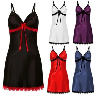 Women Sexy Satin Nightgown Lace Patchwork V-Neck Bowknot Chemise Sleepwear Smooth Silky Strappy Lingerie Nightie Home Wear