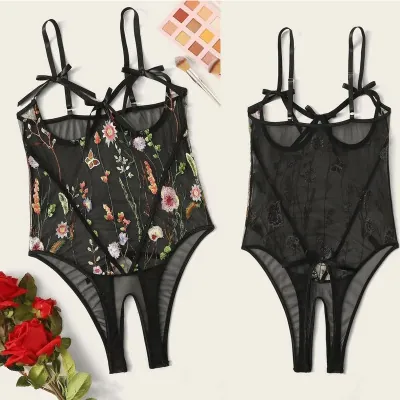 Sexy Black Mesh Bodysuit Lingerie For Women Vintage Floral Embroidery Hollow Out Teddy With Bows Valentine's Day Lingerie