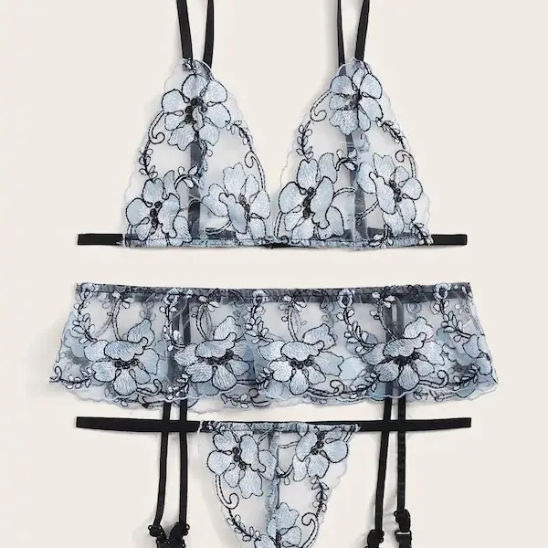 Women Sexy Floral Embroidery Lingerie Set Sheer Mesh Bra Garter Belt And Thong Underwear Set Romantic Nightwear Lingerie