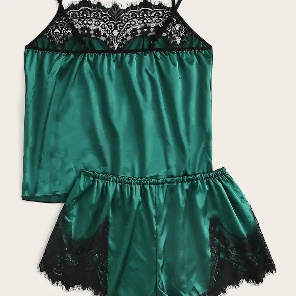 Women Plus Size Emerald Green Satin Pajama Set Sexy Lace Trim Camisole And Shorts Top And Bottom Sleepwear For Women