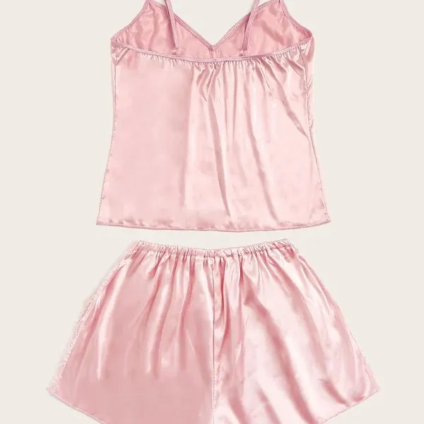 Dames Sexy Roze Satijn Kant Pyjama V-hals Top En Short Loungewear Lingerie Nachtmode Voor Vrouwen