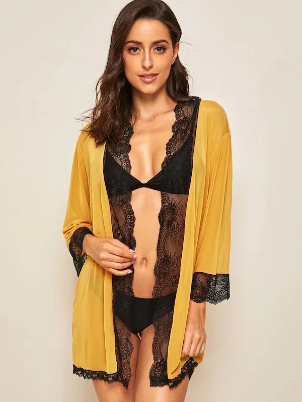Women Sexy Transparent Mesh Robe Floral Lace Trim Spandex Nightrobe With Belt And Panties Top And Bottom Lingerie For Women