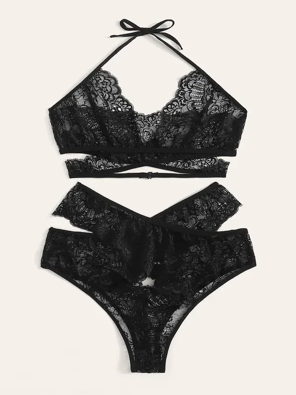 Lingerie Femme Grande Taille Dentelle Noire Top And Bottom Sexy Halter Croisé Floral Transparent Élasthanne Nuit