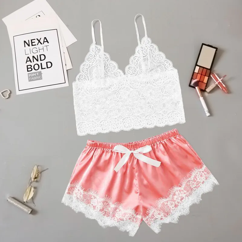 Set Pigiama da Donna Sexy con Top a Canotta in Pizzo e Pantaloncini in Raso Spandex Traspirante Due Pezzi Indumenti da Notte per Donna Elegante Abbigliamento da Casa