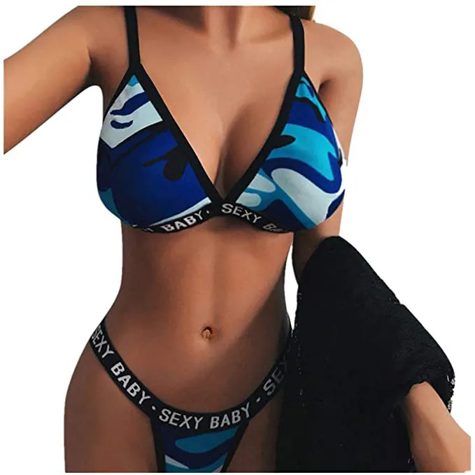 Damen Sexy Camouflage Bikini Top And Bottom Triangel-Badeanzug Mit Buchstabendruck Elastischem Band Strandmode Badeanzug
