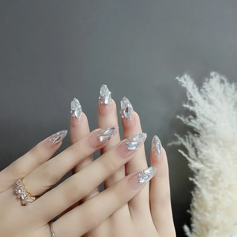Handmade Luxury Long Almond Press On Nails Rhinestone Glitter Pink Gradient Ombre Artificial False Nails Reusable Finger Art