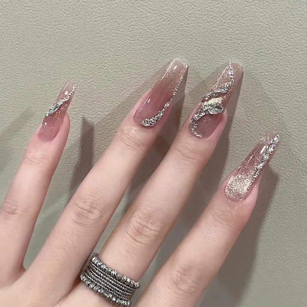 Handmade Gradient Cat Eye Press On Nails With Rhinestones Silver Relief Starry Sky Coffin False Nails For Women Beauty DIY