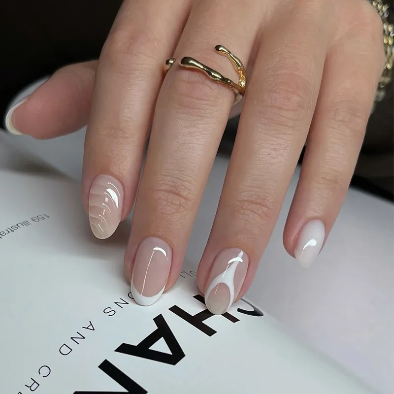 Short Oval Press On Nails Nude Pink White French Style Spiral Wave Pattern Reusable ABS Resin False Nails For Women
