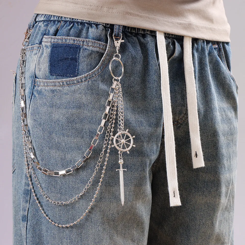 Punk Hip Hop Multi Layer Metal Pants Chain Wallet Chain With Helm And Sword Pendant Silver Waist Chain For Women Men