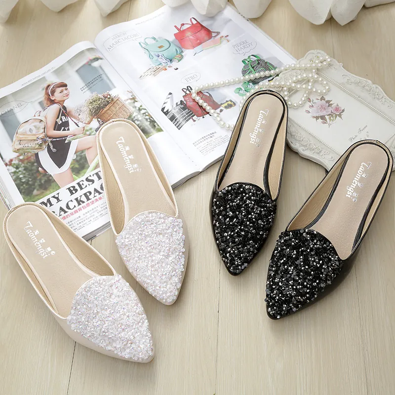 Mules de Punta para Mujer Sandalias Planas Con Diamantes de Imitación Lentejuelas Cuero PU Brillante Zapatos Elegantes