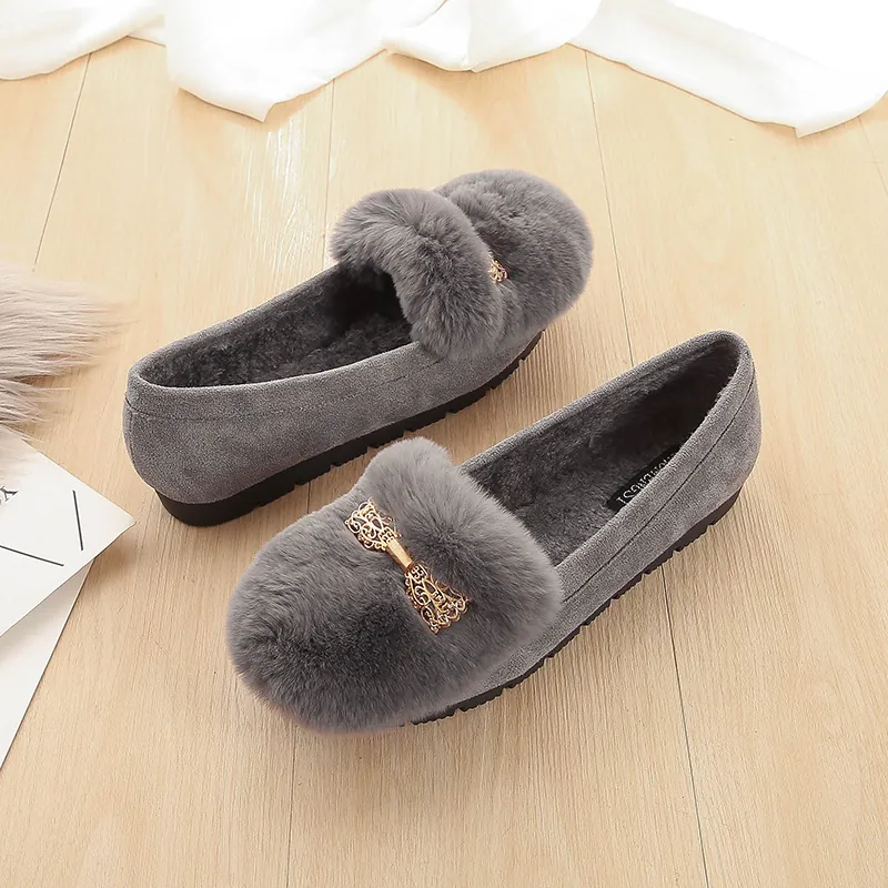 Vrouwen Warme Kunstbont Pluche Loafers Zoete Metalen Strik Decor Slip On Platte Katoenen Mocassins Microvezel Suède Winter Schoenen