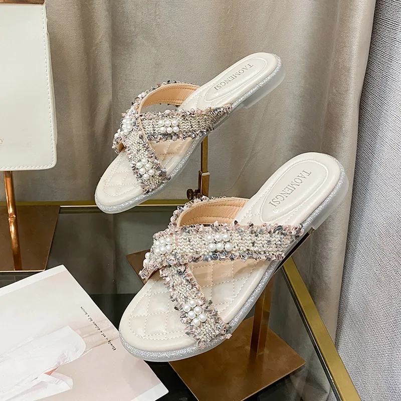 Sandali Bassi da Donna Eleganti con Perle e Tweed Cinturini Incrociati Ciabatte Estive Casual all'Aperto Comode Taglie Forti 43