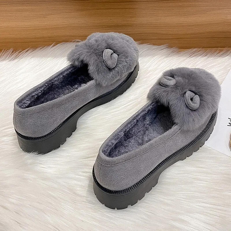 Damen Winter Warme Plüsch Slipper Kunst Kaninchenfell Hasenohren Design Plateau Baumwollschuhe Rutschfeste Gummisohle Flache Schuhe