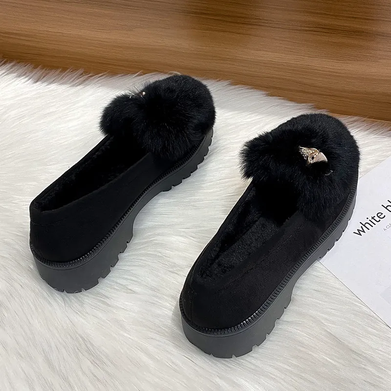 Women's Fur Lined Loafers Thick Sole Warm Winter Shoes Faux Fur Suede Slip On Flats With Rhinestone Animal Decor Anti Slip Casual Shoes