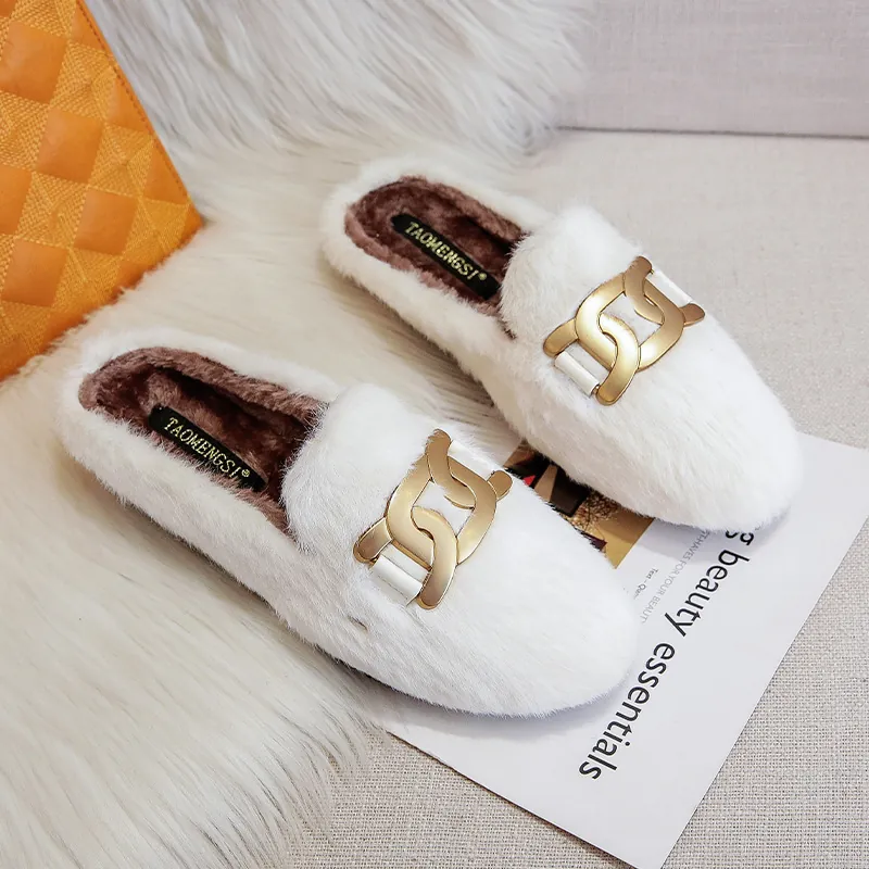 Women's Faux Rabbit Fur Mules Flat Winter Warm Slippers With Gold Metal Chain Buckle Casual Slip On Outdoor Furry Shoes