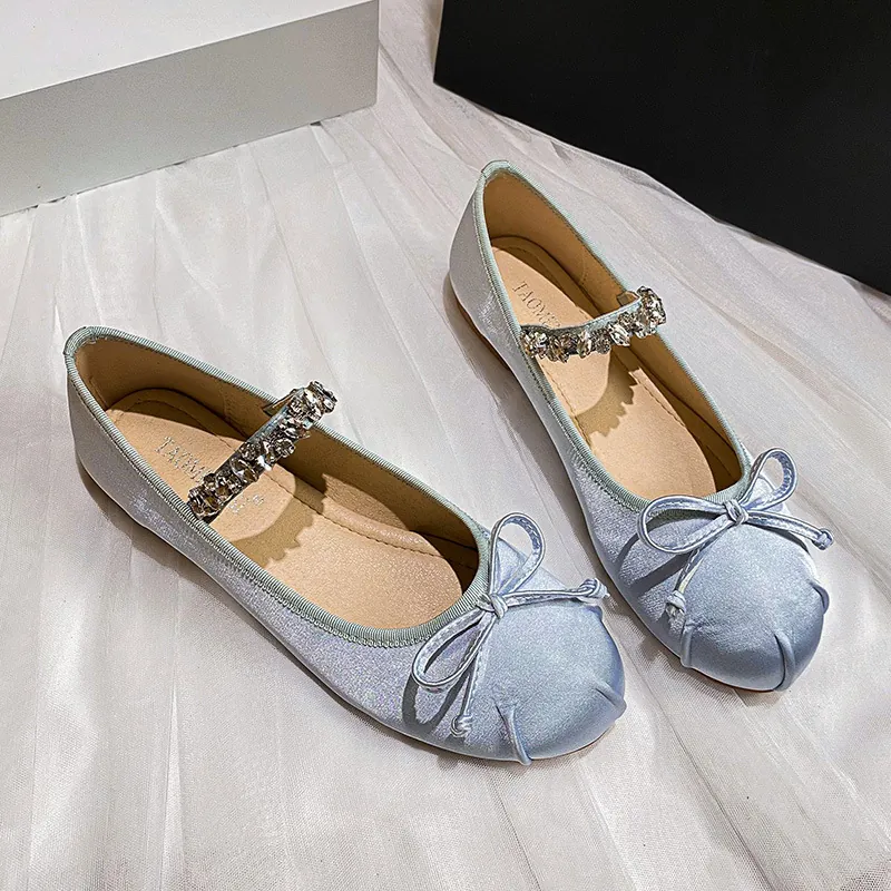 Orecchini a Bottone in Satin con Strass Mary Jane Ballerine Fiocco Punta Arrotondata Comode Scarpe Basse Eleganti da Cerimonia